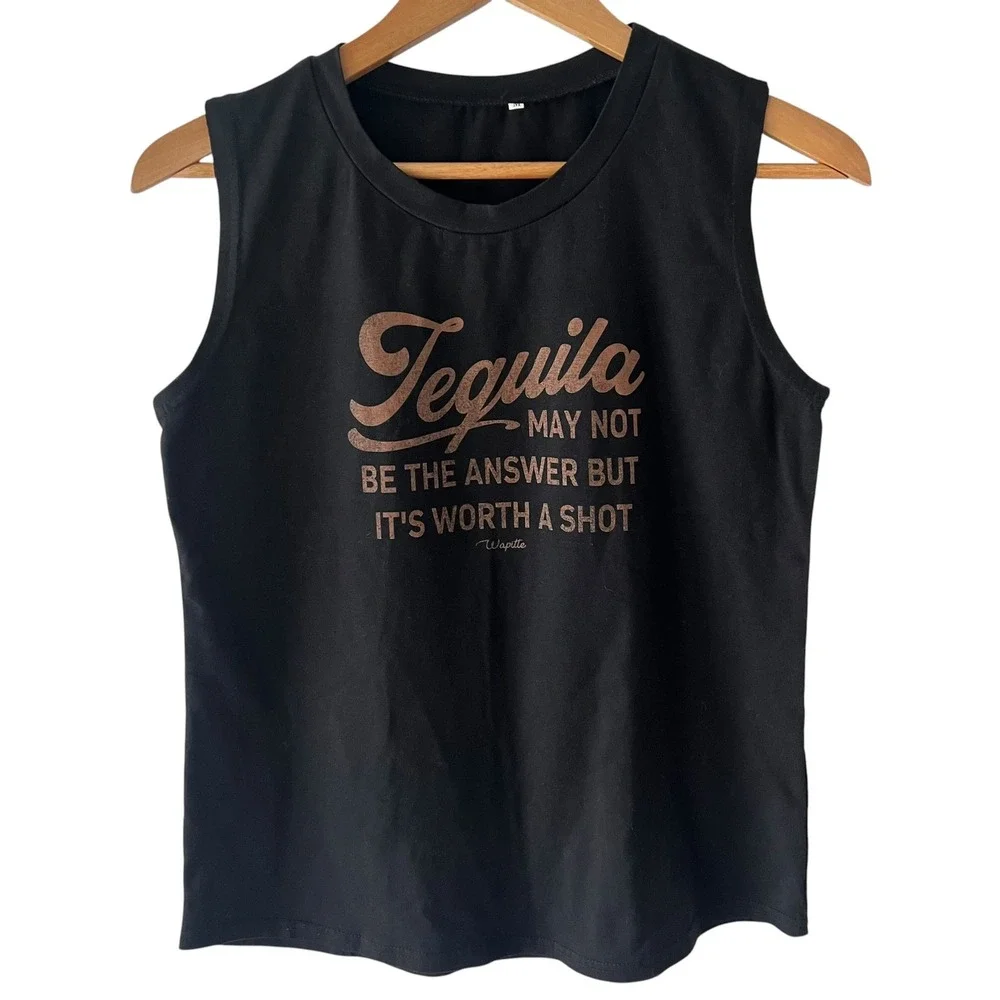 Wapitte Tequila Worth A Shot Black Muscle Tank Top Medium Party Summer Graphic - Picture 1 of 6
